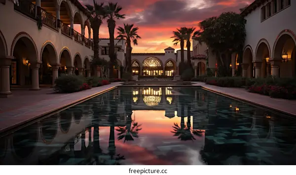 Courtyard with pool and palm trees at sunset
