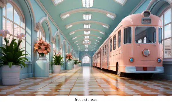 A pink and blue retro tram in a station