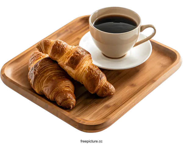 [Transparent Background PNG]Fresh Croissants and Coffee on a Wooden Tray