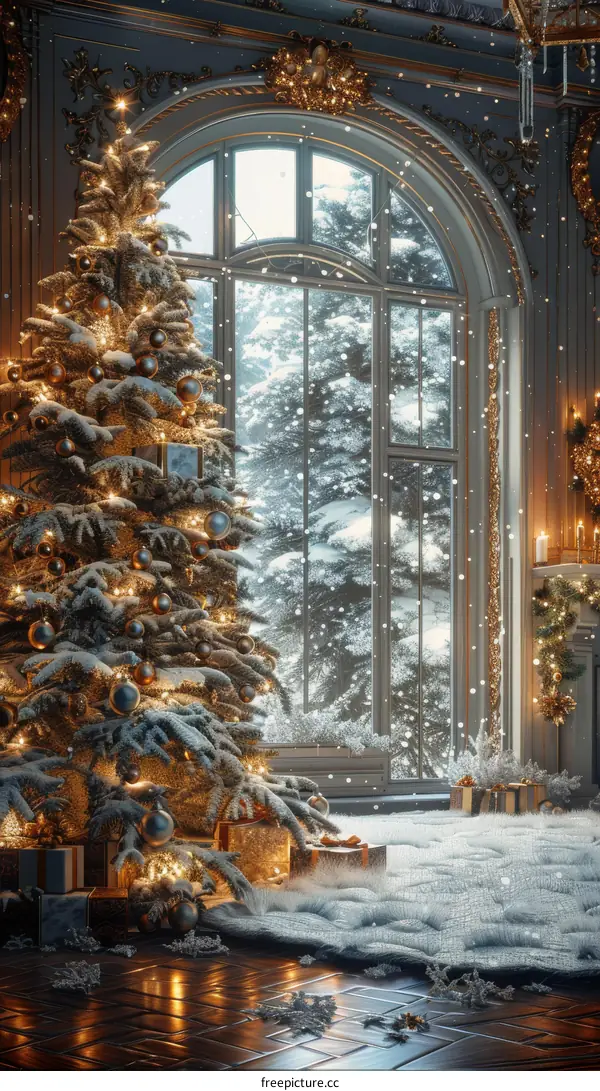 Christmas Tree with Presents in Winter Snowy Forest