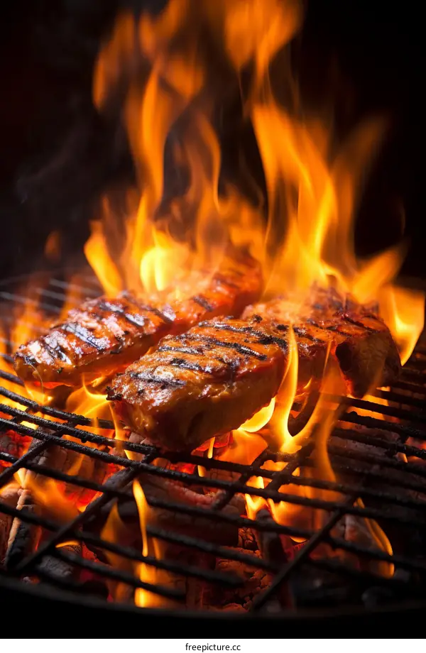 Three pieces of meat are grilled on a flaming barbecue