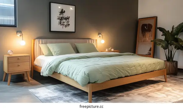 Modern Bedroom with Light Green Bedding