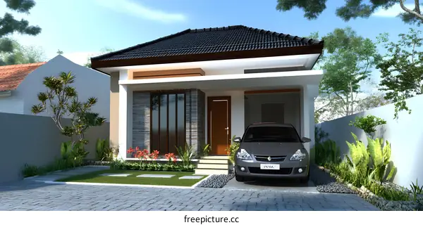 Modern House Exterior Design with Car and Greenery