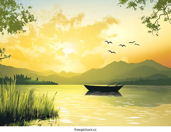 Peaceful Sunset Scene with a Rowboat on a Lake