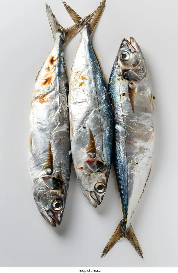 Three Freshly Caught Fish on White Background