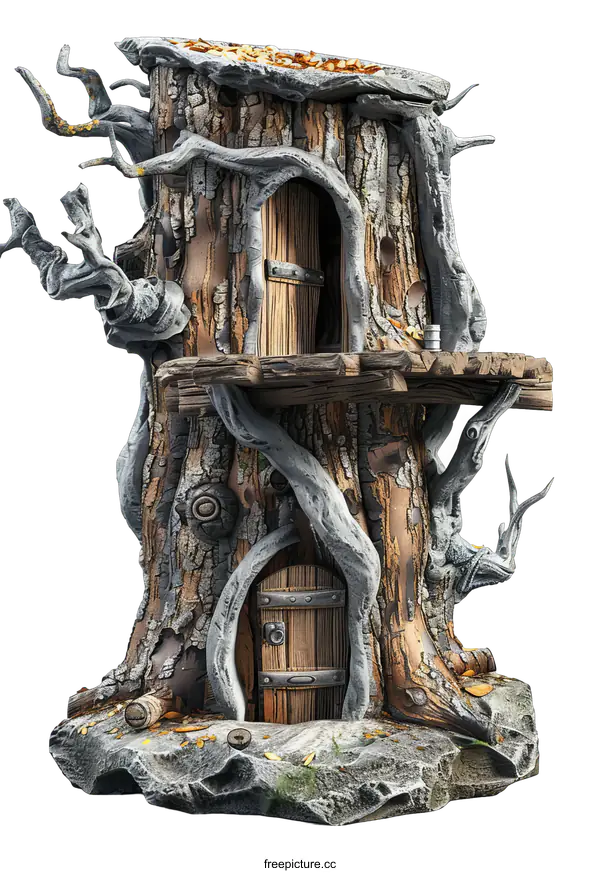 [Transparent Background PNG]Fantasy tree house with a door and a balcony