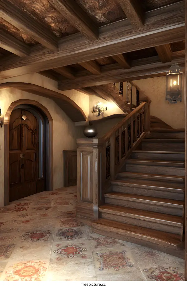 Wooden Staircase and Ornate Doorway in Vintage Interior Design