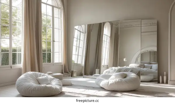 Modern Minimalist Living Room with Large Mirrors