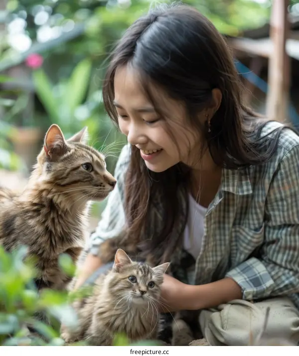 A young Asian woman is petting two cats in a garden.