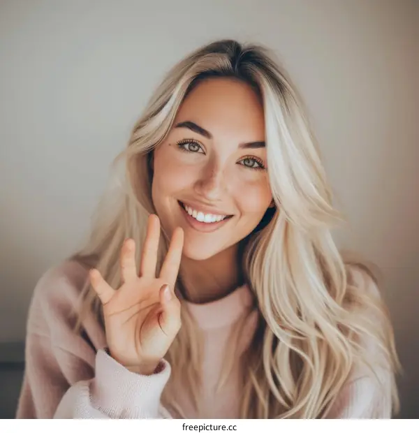 Blonde woman holding up four fingers