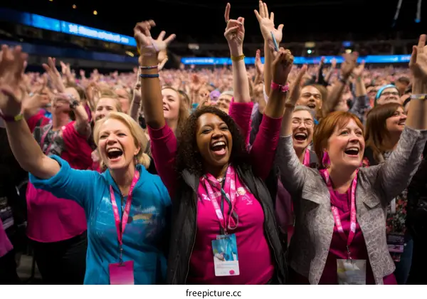 A group of people are cheering at a conference.