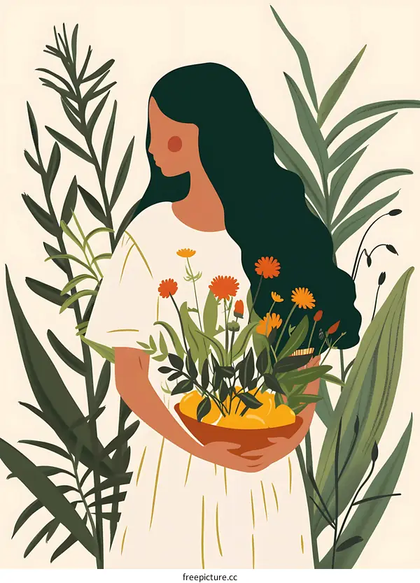 Woman Holding Flowers in a Garden Illustration