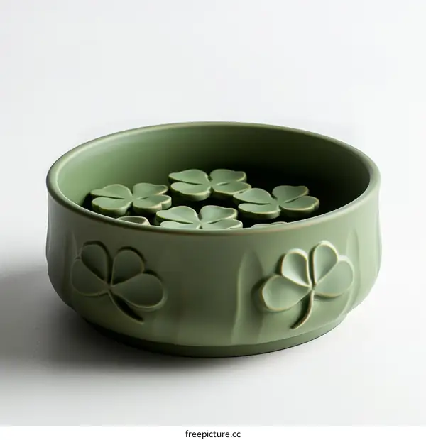 Green ceramic bowl with four-leaf clovers