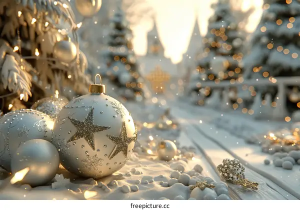 Snowy Christmas Scene with Silver Ornaments