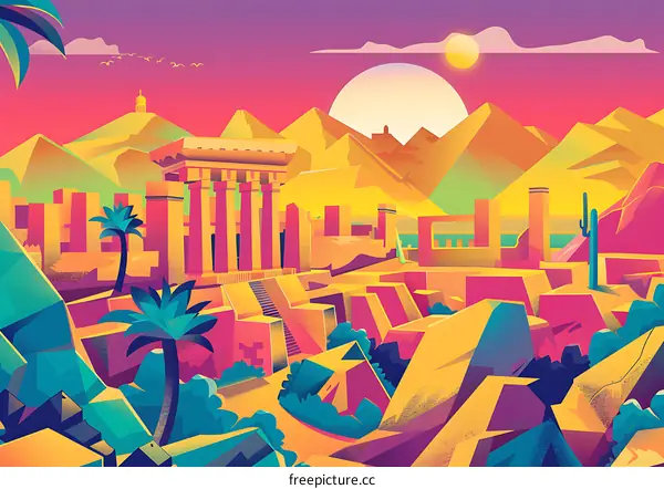 Ancient Ruins and Desert Landscape in Vibrant Colors