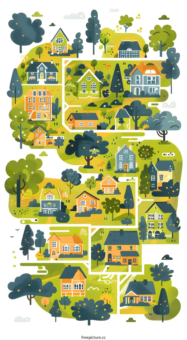 Cartoon Illustration of a Small Village With Houses and Trees