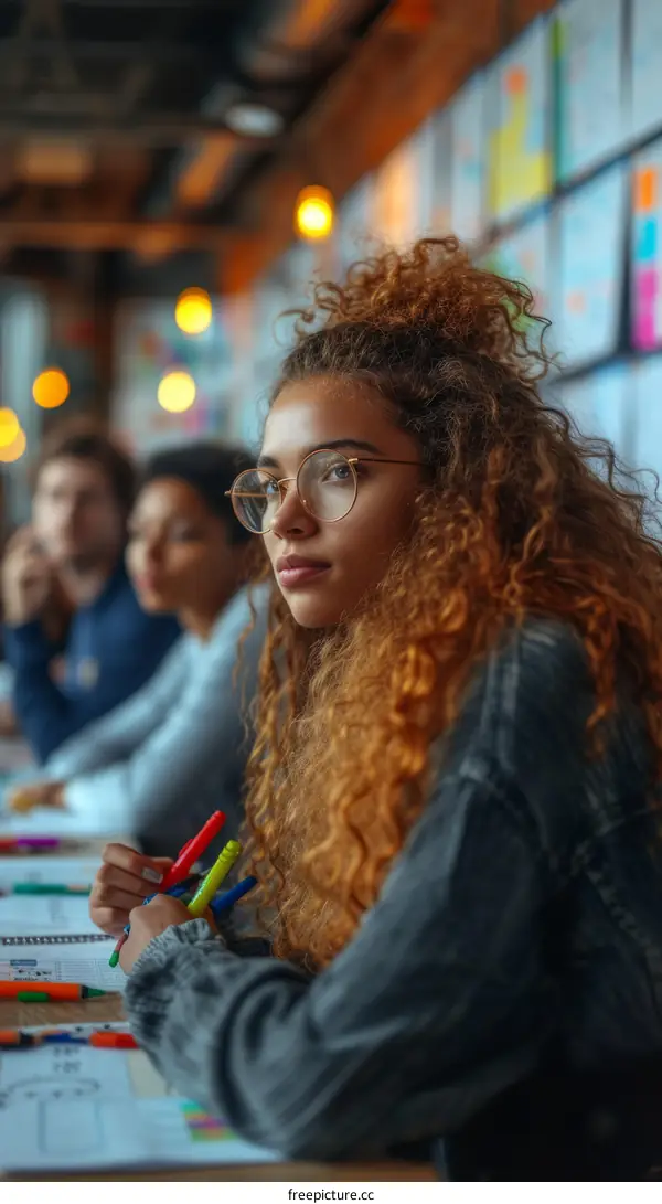 Portrait of a young woman with curly hair wearing glasses and a denim jacket sitting in a classroom with other students in the background