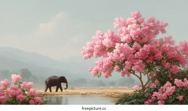 Peaceful Elephant in a Pink Blossom Landscape