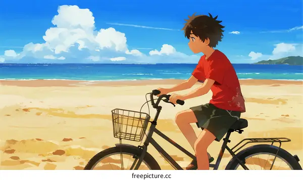 A Boy Riding a Bicycle on a Sunny Beach with Blue Sky