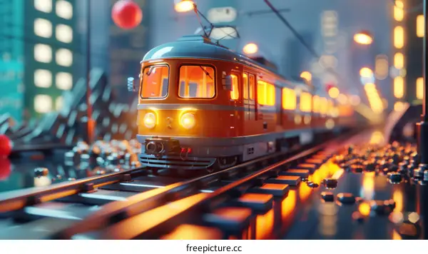 A model train running on a track in a city at night