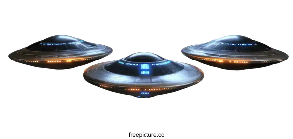 [Transparent Background PNG]Three Futuristic UFOs on White Background