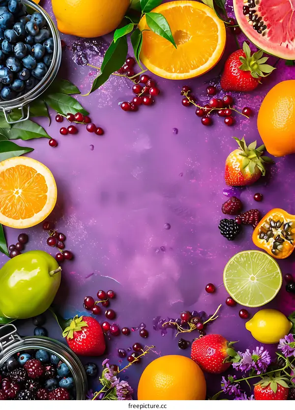 Fresh Fruits and Berries on Purple Background