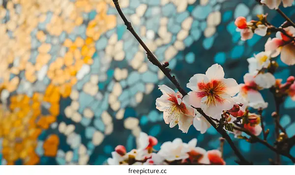 Close Up of White and Pink Flowers Blooming on a Branch with a Blurred Background