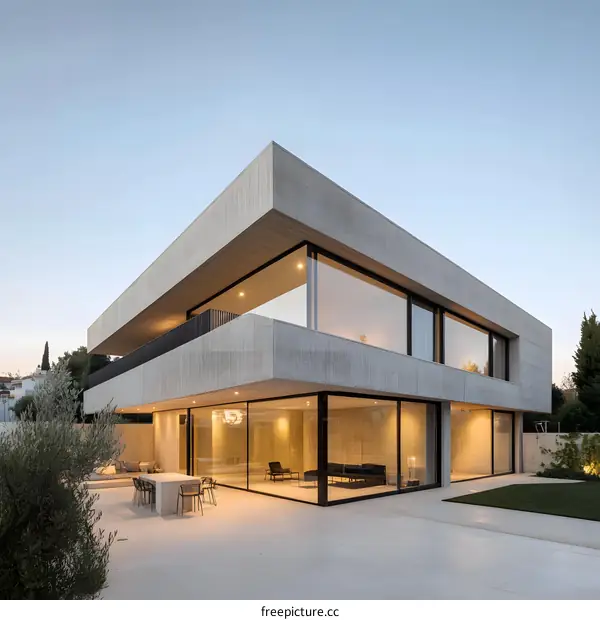Modern Concrete House with Large Windows and Patio