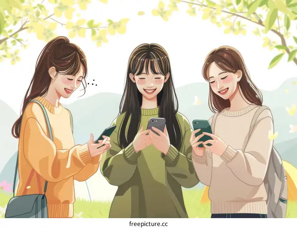 Three young women looking at their phones in a park