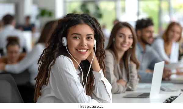 Smiling woman wearing headphones in an office with blurred background