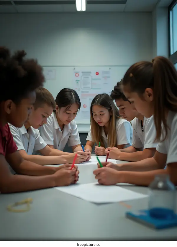 Group of Diverse Students Writing in Class