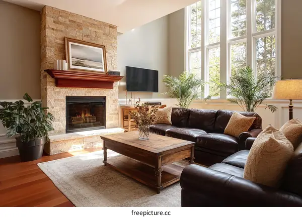 Cozy Living Room with Fireplace and Large Windows