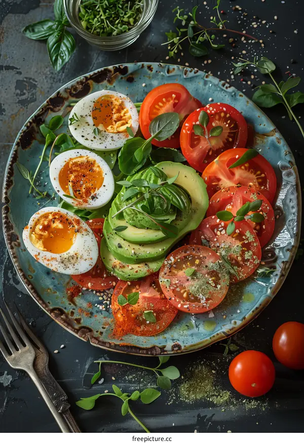 Healthy avocado and tomato salad with boiled eggs and spices