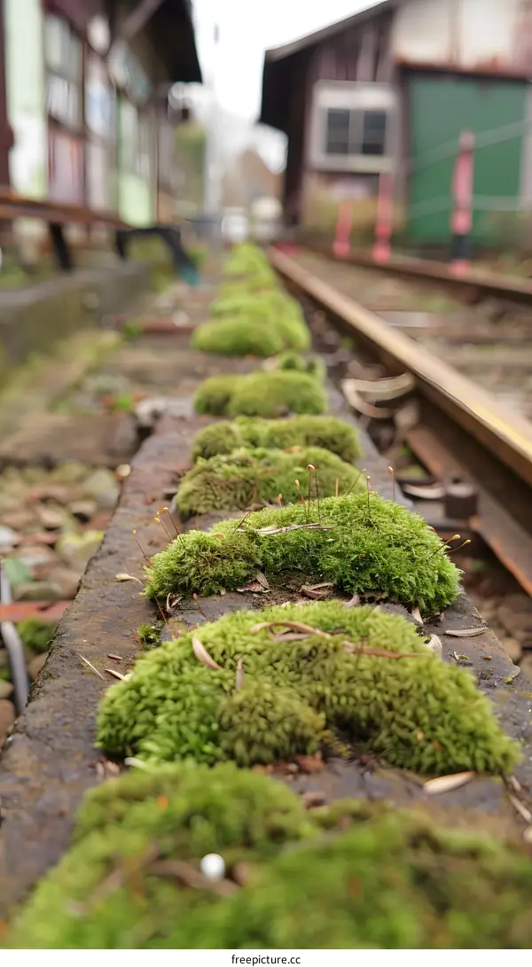 Green Moss Growing on Old Railroad Tracks