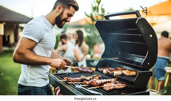Man Grilling Meat on a Backyard BBQ