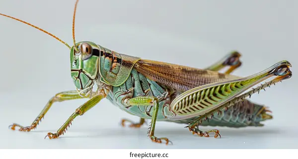 A Green and Brown Grasshopper on a White Background