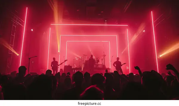 Rock band performing live on stage with red lights