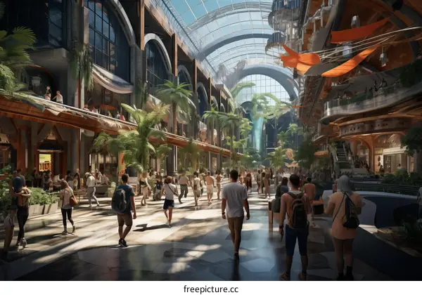 futuristic city street with people walking