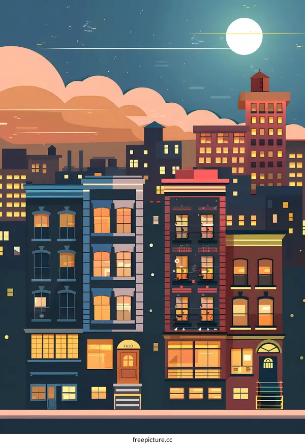 Night Cityscape with Buildings and Moon