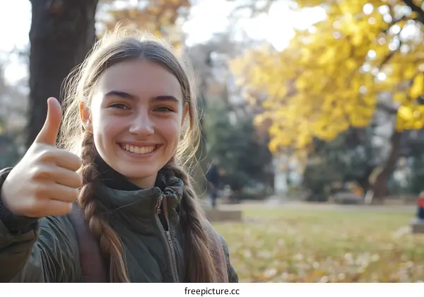 Smiling Girl Gives Thumbs Up in Autumn Park