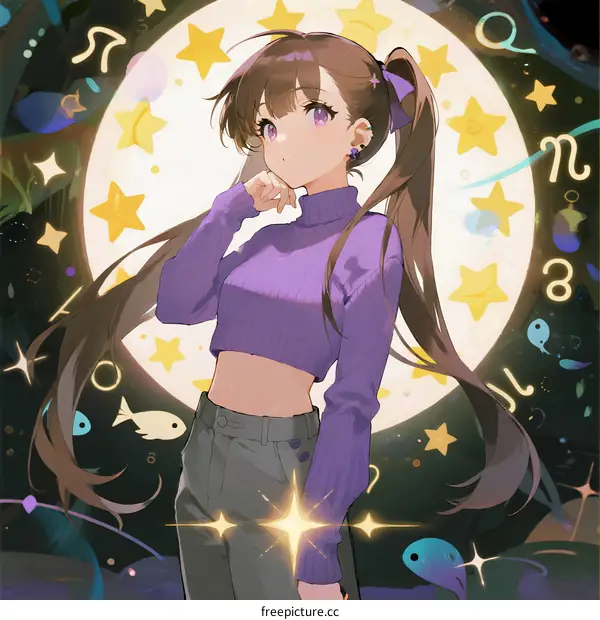 A Young Girl with Long Twintails in a Starry Zodiac Background
