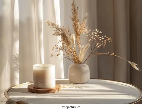 Dry Flowers and Candle on Table by Window