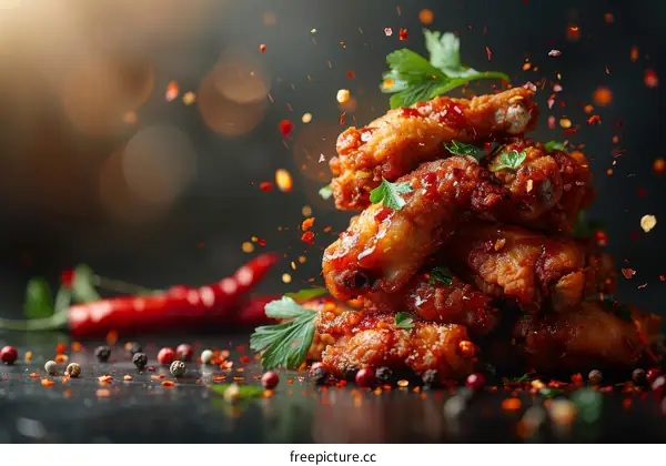 A stack of crispy fried chicken wings with parsley and chili peppers