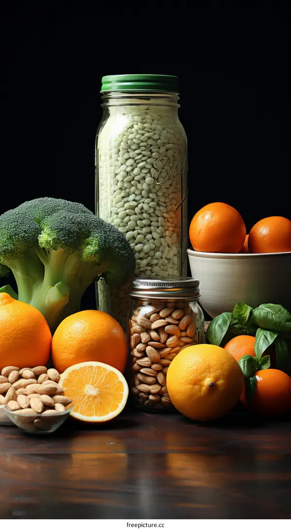 A variety of fresh fruits and vegetables are arranged on a wooden table.
