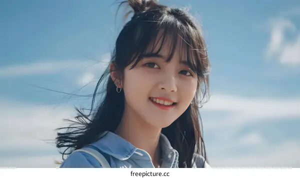 Portrait of a Young Asian Woman with Long Hair and a Blue Shirt