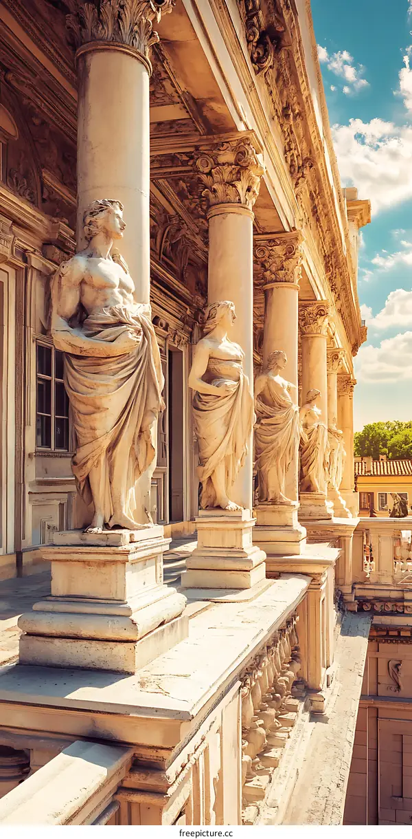 Statues of Greek Gods on the Balcony of an Ancient Roman Building