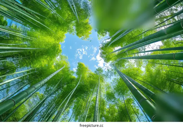 Looking up at the sky through a bamboo forest