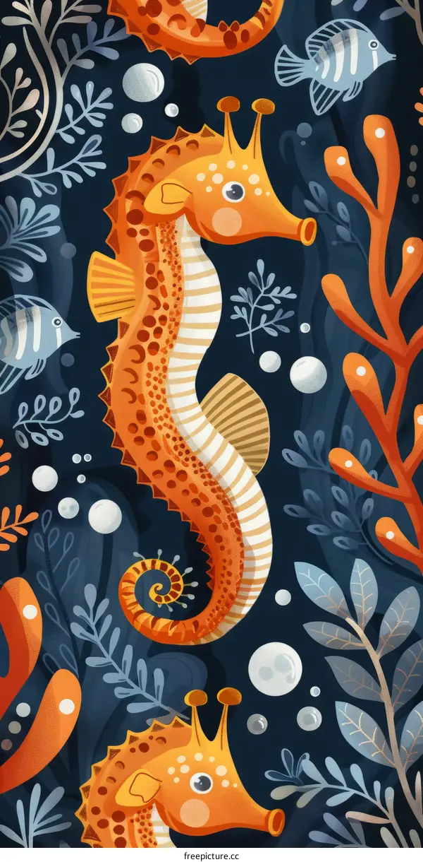 Seamless Underwater Pattern with Cute Seahorses and Tropical Plants