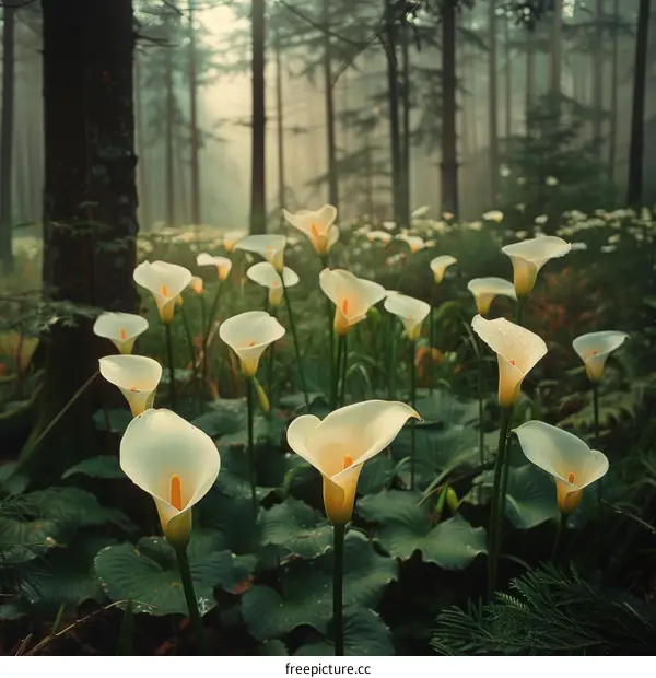 Calla lilies in the misty woods