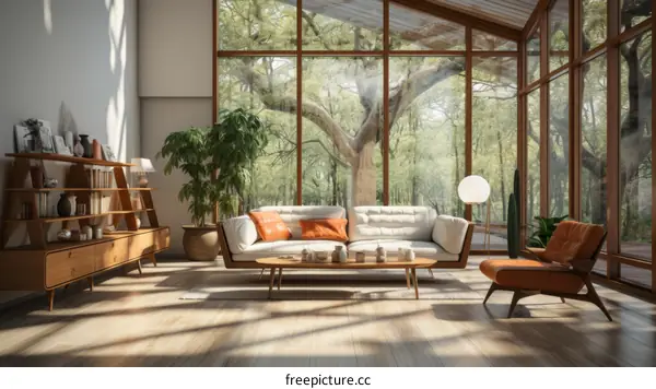 A modern living room with a large window looking out onto a forest